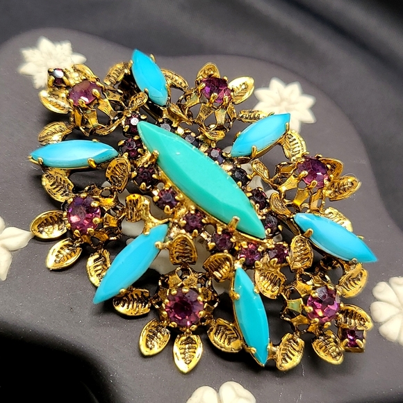 Vintage AUSTRIA Turquoise Rhinestone Brooch Purple Crystal Pin Ornate Antique - Picture 11 of 16